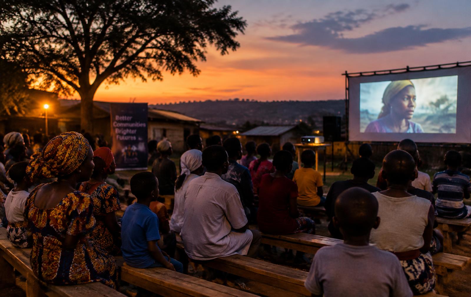 An outdoor community film screening at dusk