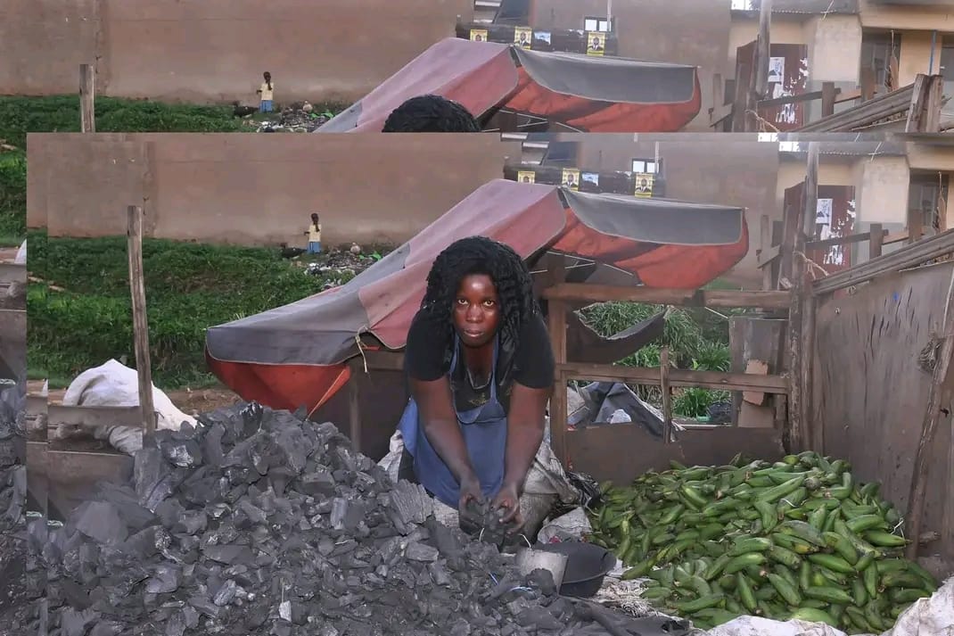 A mother selling charcoal and green bananas at her market stall